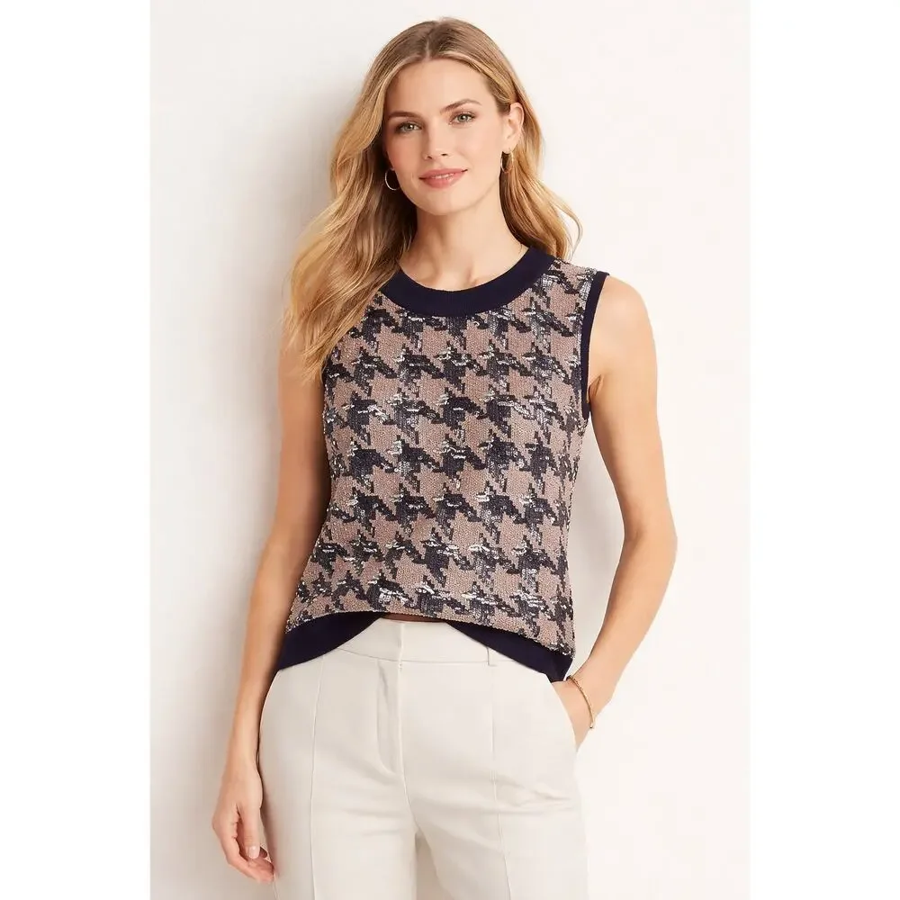 Ann Taylor Sequin Houndstooth Sweater Vest | Blush & Navy | Size L